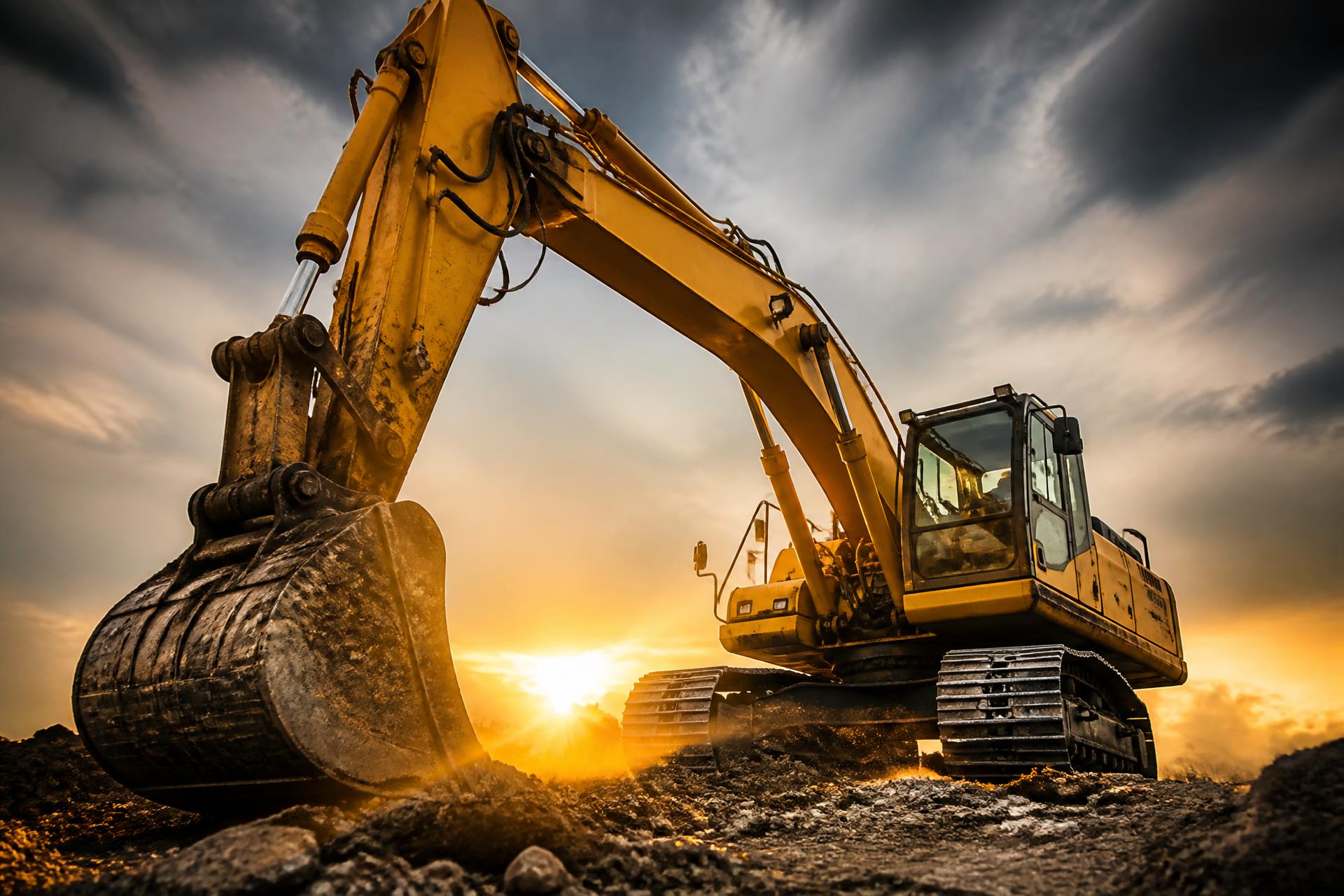 Excavadora Jaguar en obra al atardecer